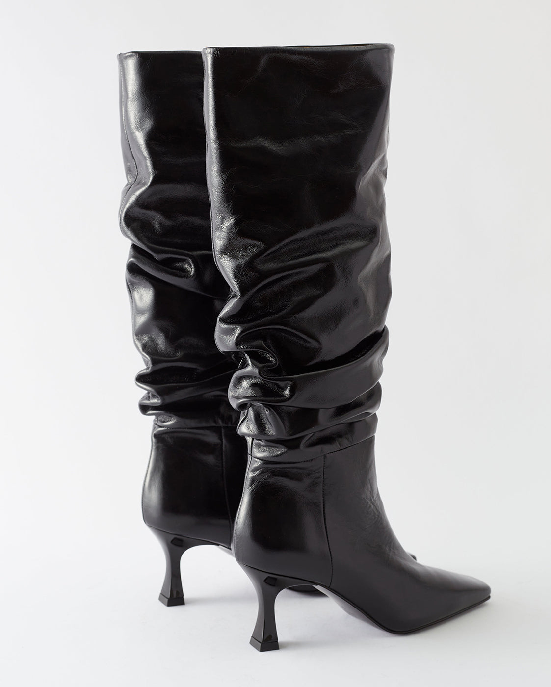 Slouchy Knee High Boot Leather Crinkle Shiny Black
