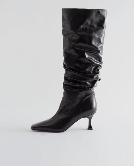 Slouchy Knee High Boot Leather Crinkle Shiny Black