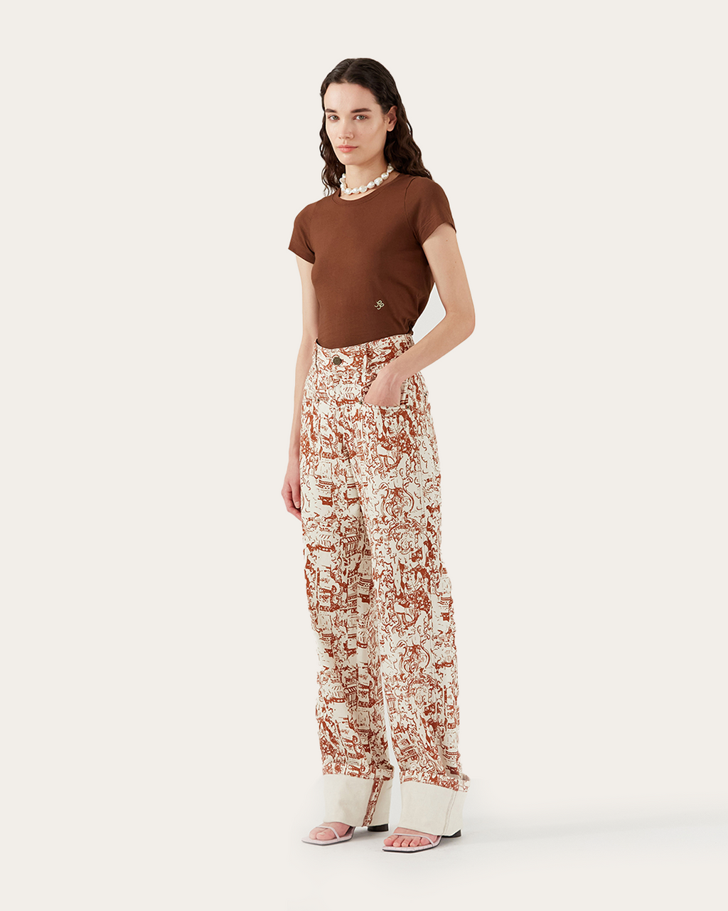 Nemy Trousers Organic Cotton Denim Printed Brown