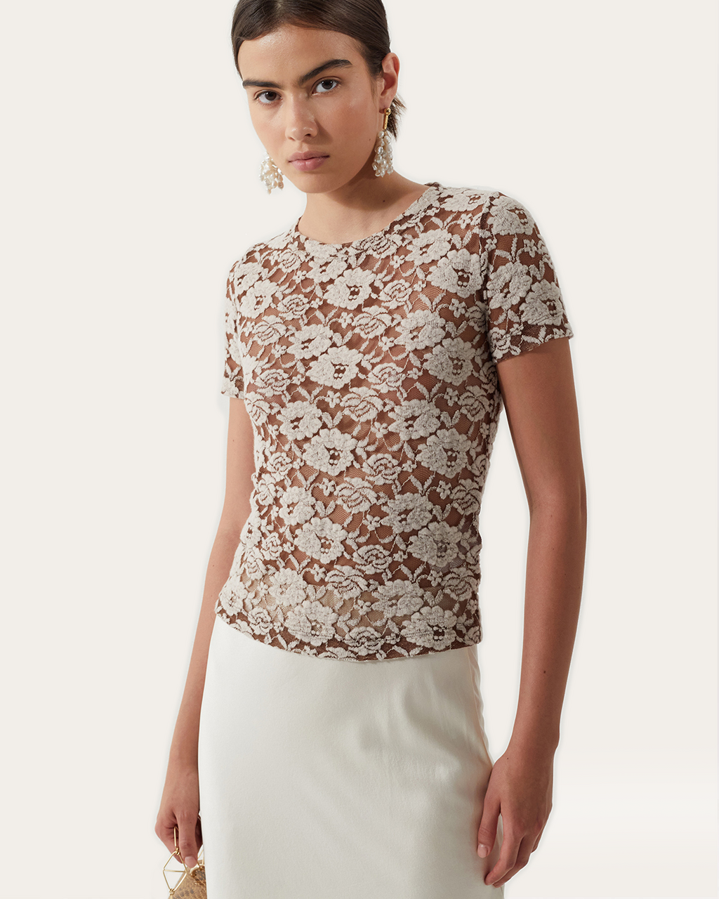 Adina T-Shirt Cotton Blend Floral Lace Brown - Special Price