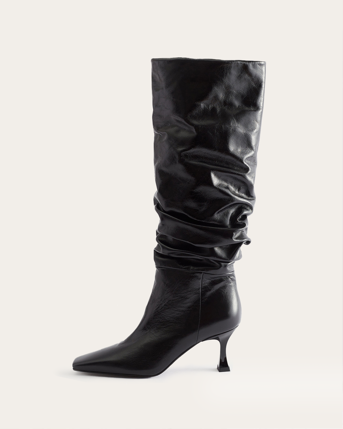 Slouchy Knee High Boot Leather Crinkle Shiny Black
