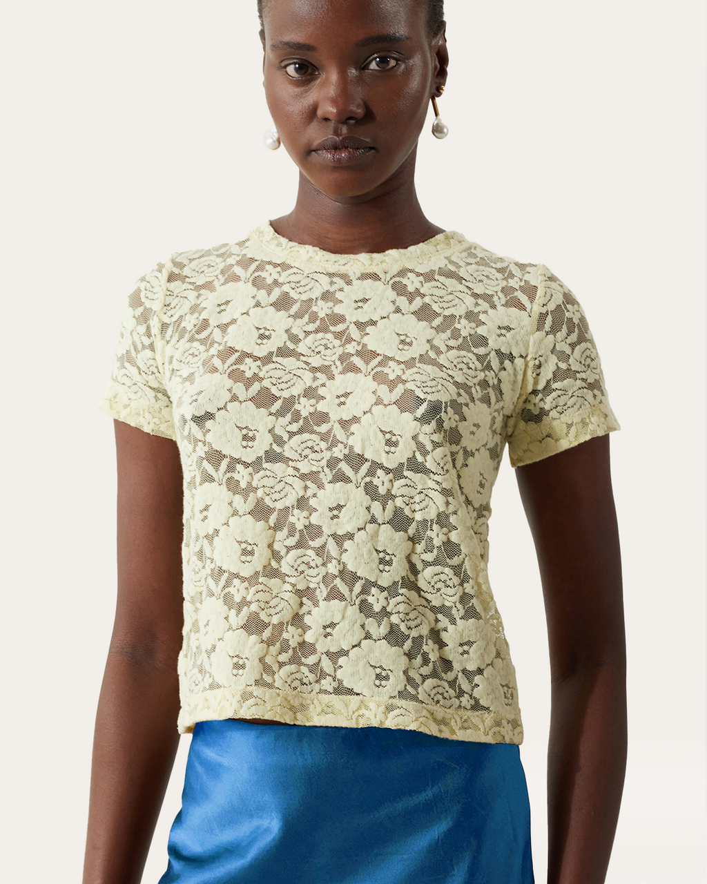 Adina T-Shirt Cotton Blend Floral Lace Yellow - Special Price