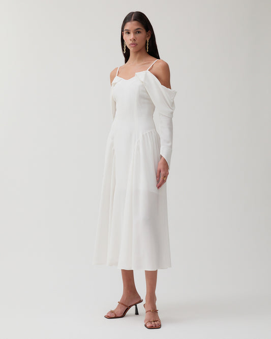 white silk crepe dress Azazie Aerith Wedding Dress