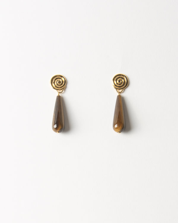 Swirl Tear Droplet Earrings Gold Plated with Tiger's Eye