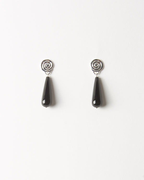 Swirl Tear Droplet Earrings Silver Plated with Onyx