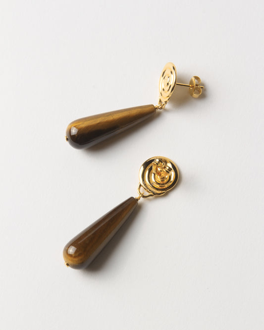 Swirl Tear Droplet Earrings Gold Plated with Tiger's Eye