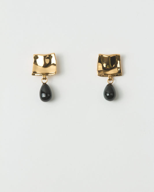 Folded Drop Earrings Gold Plated with Black Onyx