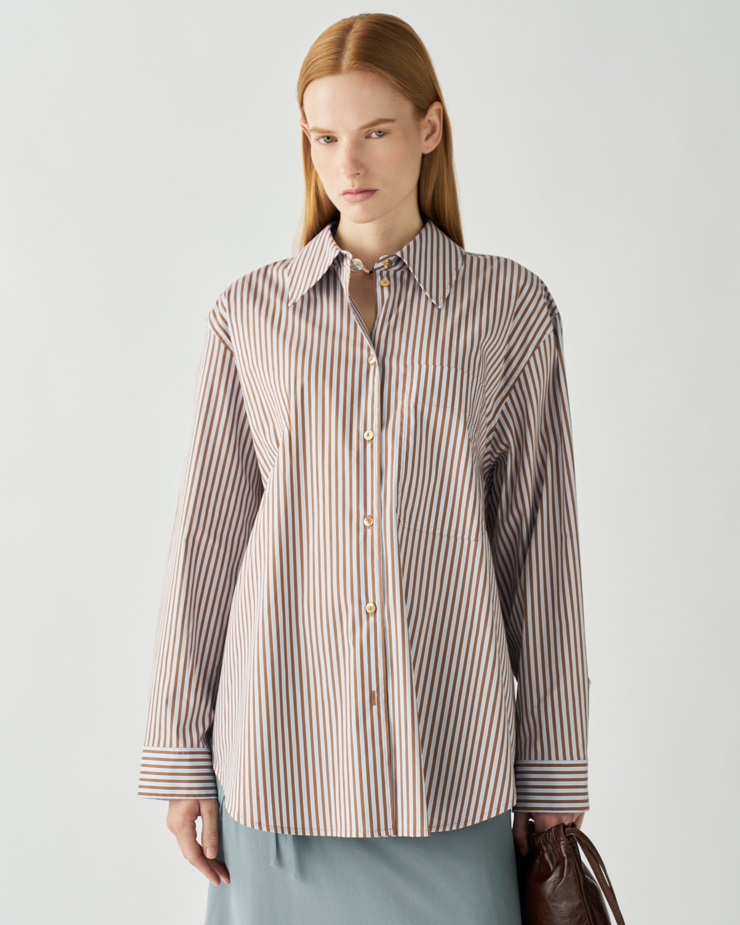 Caprice Shirt Cotton Stripe Brown and Blue – REJINA PYO
