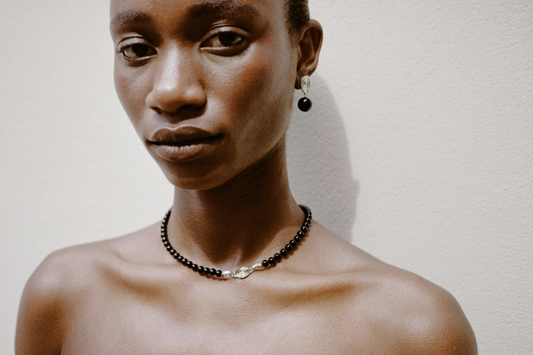 Swirl Bead Earrings Silver Plated with Onyx