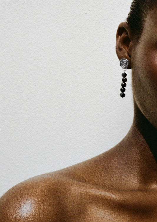 Swirl Petite Droplet Earrings Silver Plated with Onyx