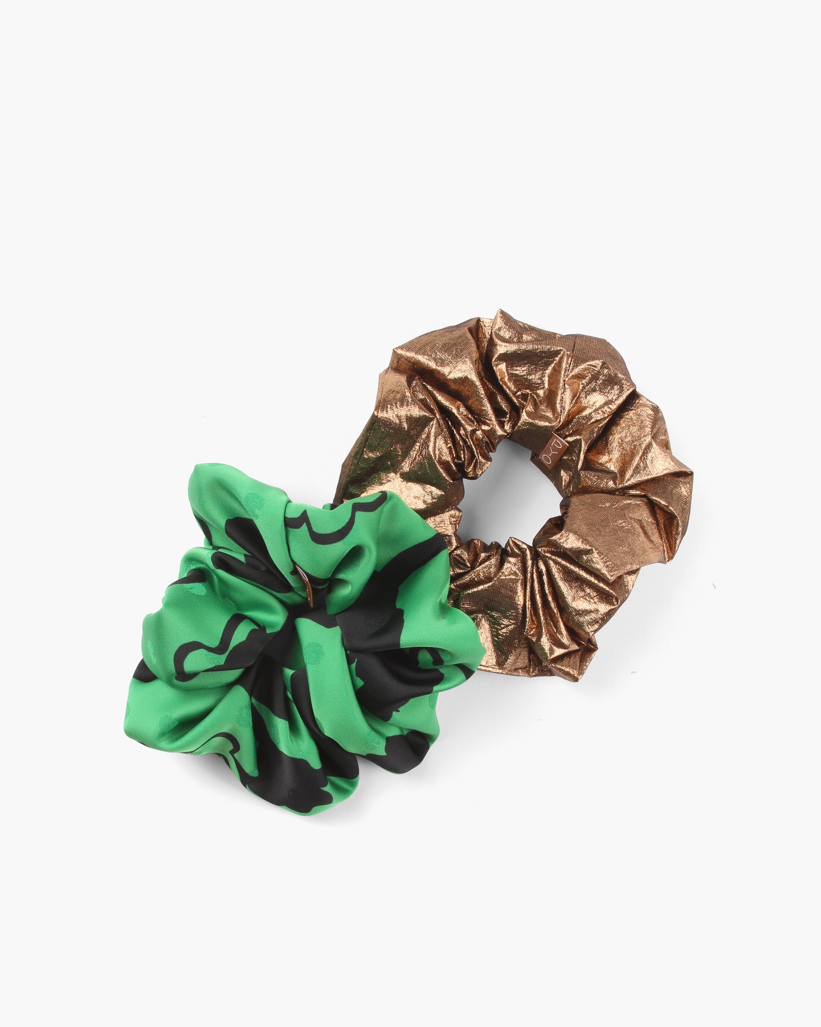 Scrunchie Set Satin Print Green / Lamé Metallic Copper