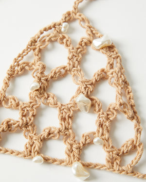Crochet Bra Organic Cotton Tan with Faux Pearls